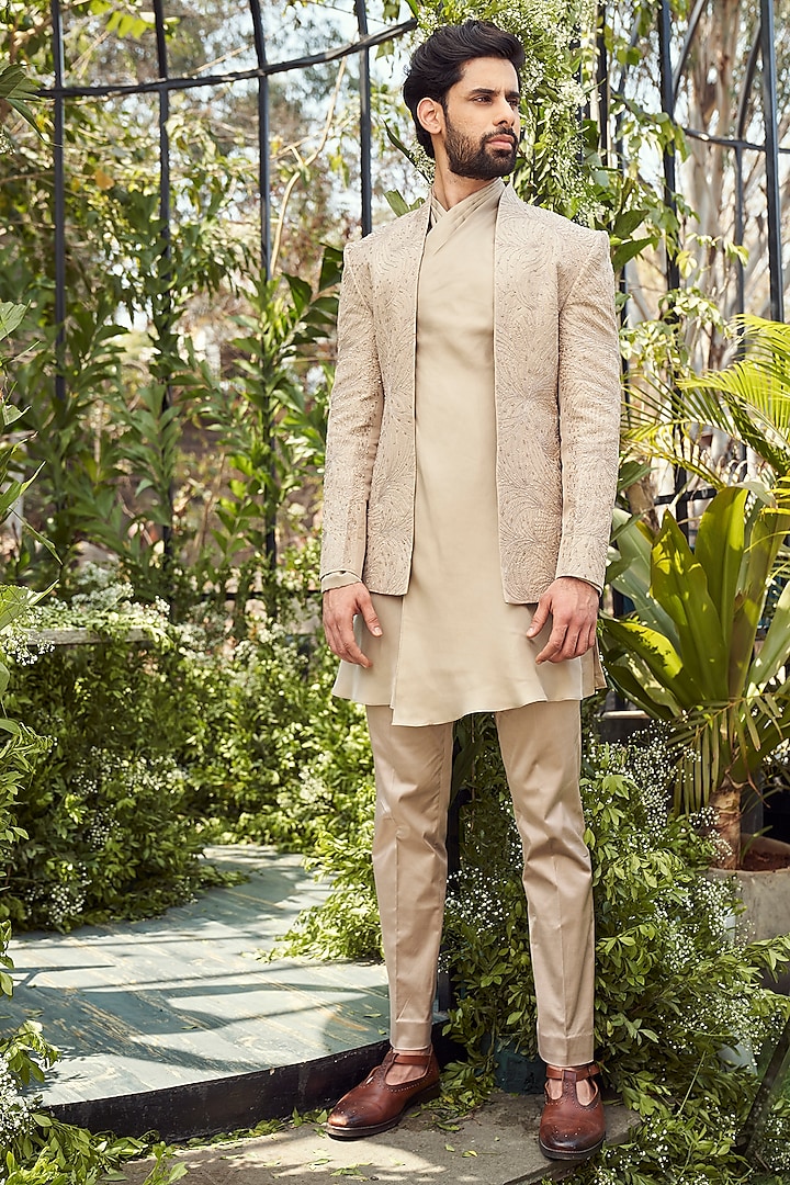 Beige Tulle Silk Thread Work Indowestern Set by Varun Chakkilam Men