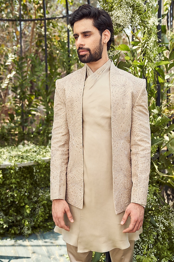 Beige Tulle Silk Thread Work Groom Indowestern Set by Varun Chakkilam Men at Pernia's Pop Up Shop