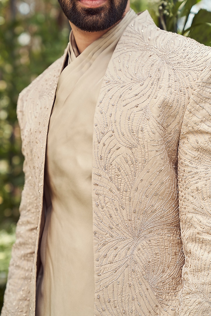 Beige Tulle Silk Thread Work Groom Indowestern Set by Varun Chakkilam Men at Pernia's Pop Up Shop