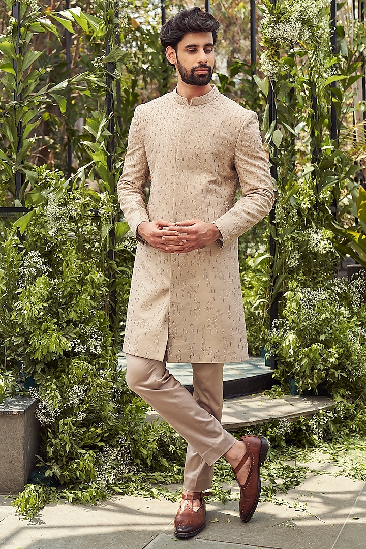 Beige Tulle Silk Zari Work Sherwani Set by Varun Chakkilam Men