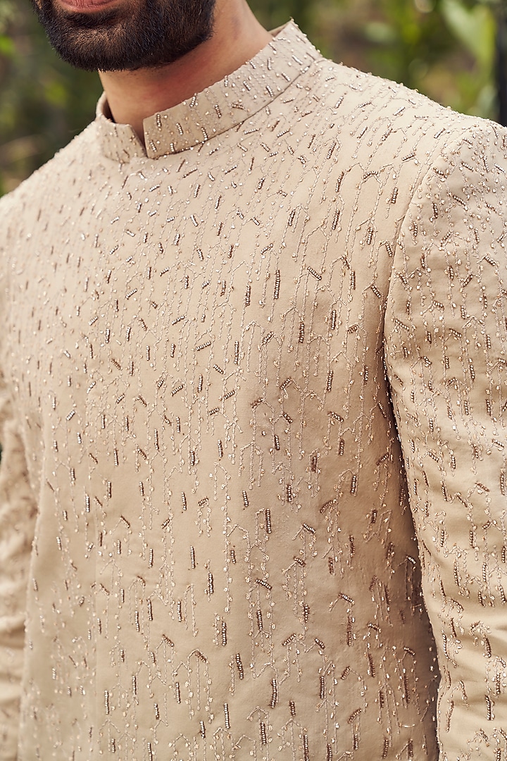 Beige Tulle Silk Zari Work Groom Sherwani Set by Varun Chakkilam Men at Pernia's Pop Up Shop