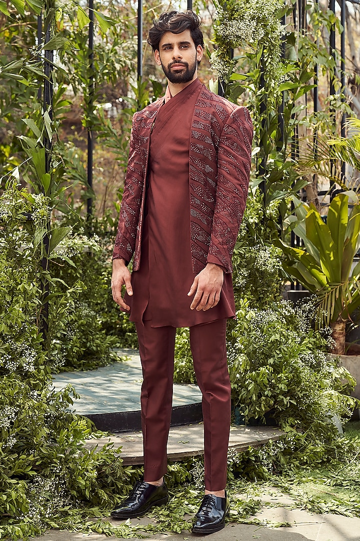 Russet Brown Tulle Silk Embroidered Indowestern Set by Varun Chakkilam Men