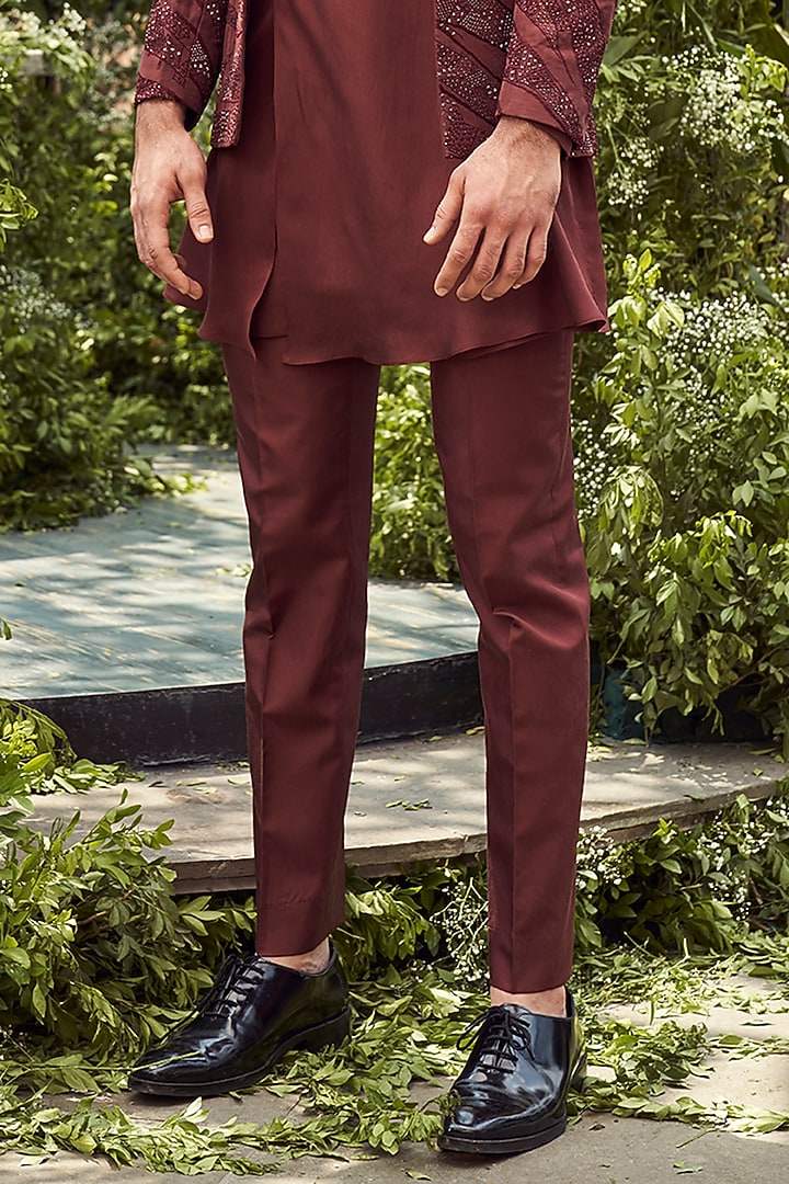 Russet Brown Tulle Silk Embroidered Groom Indowestern Set by Varun Chakkilam Men at Pernia's Pop Up Shop
