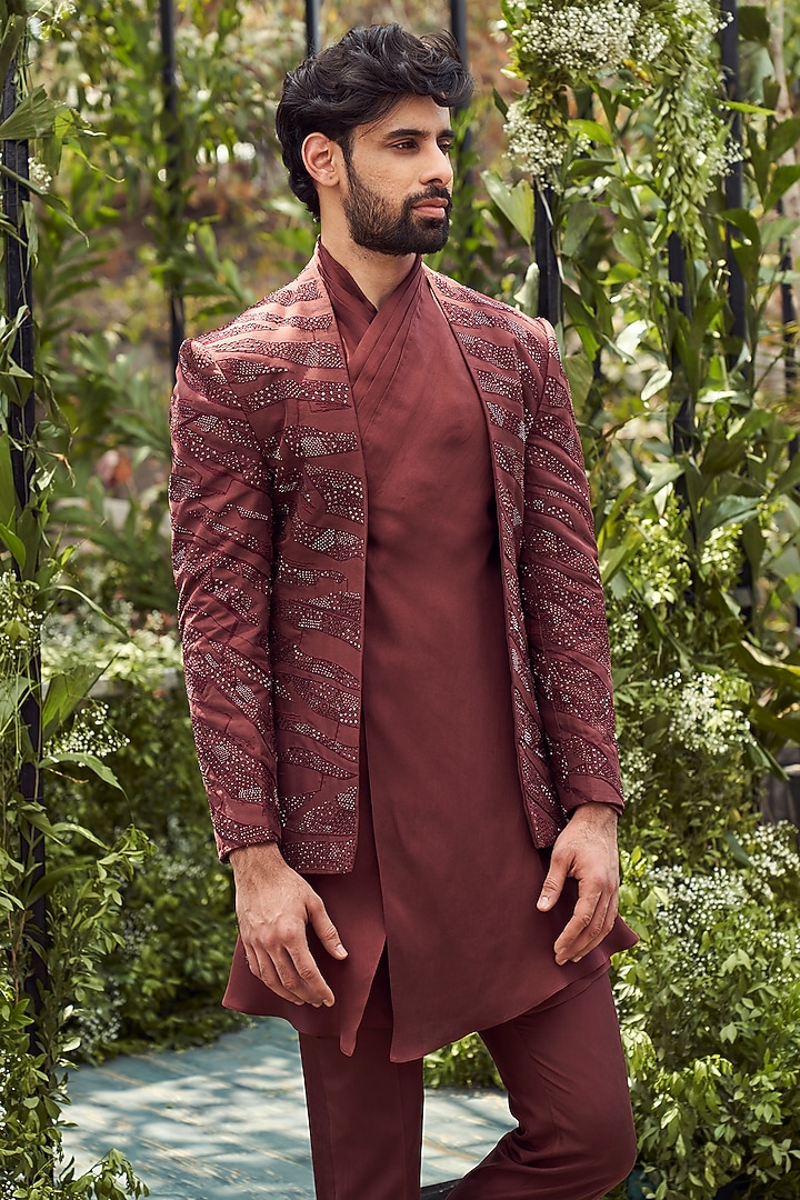 Russet Brown Tulle Silk Embroidered Groom Indowestern Set by Varun Chakkilam Men at Pernia's Pop Up Shop