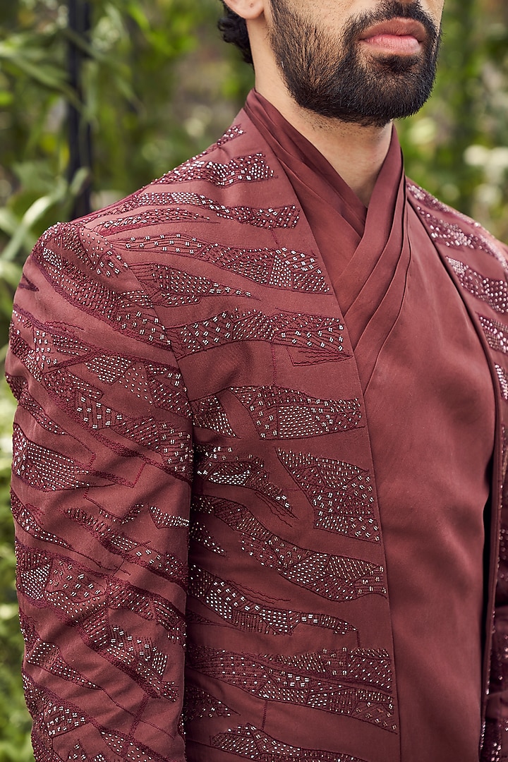 Russet Brown Tulle Silk Embroidered Groom Indowestern Set by Varun Chakkilam Men at Pernia's Pop Up Shop