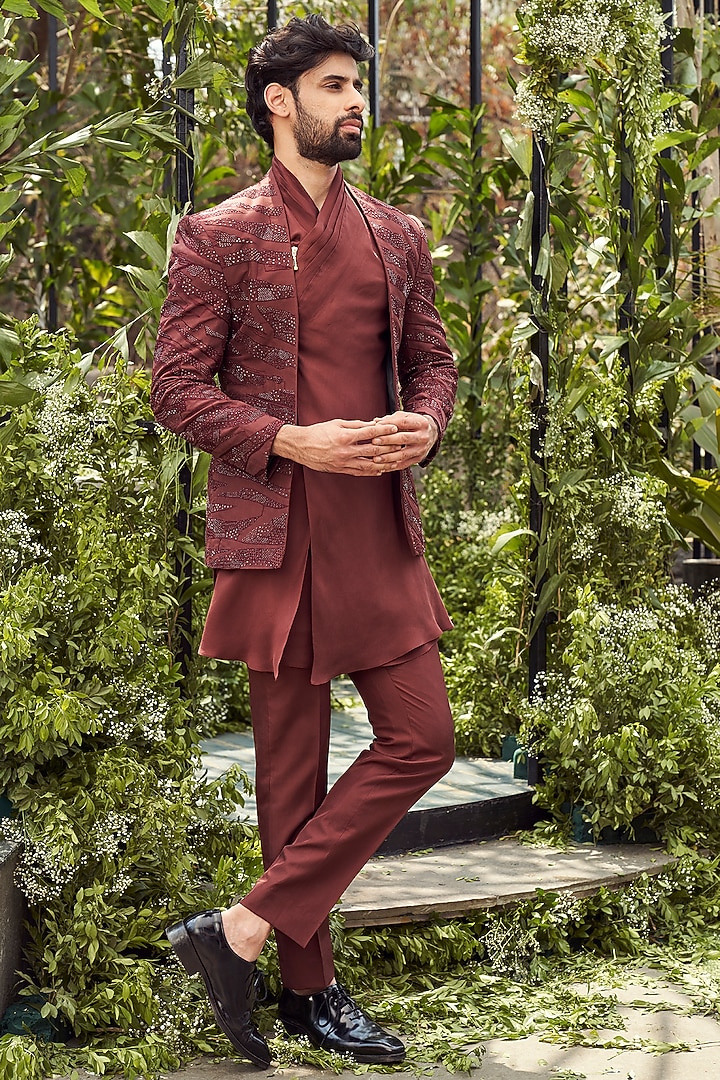 Russet Brown Tulle Silk Embroidered Groom Indowestern Set by Varun Chakkilam Men at Pernia's Pop Up Shop