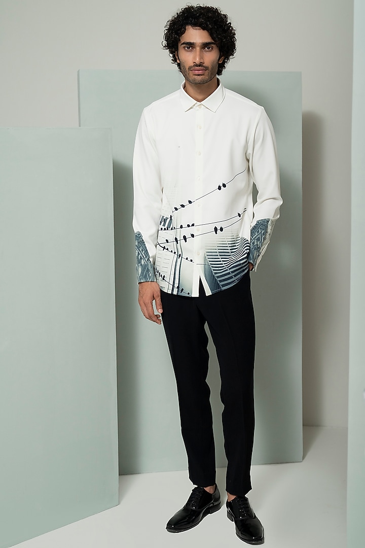 White Blended Suiting Printed Party Wear Shirt by Varun Chakkilam Men at Pernia's Pop Up Shop