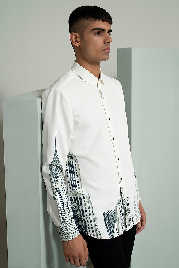 White Blended Suiting Printed Party Wear Shirt by Varun Chakkilam Men at Pernia's Pop Up Shop