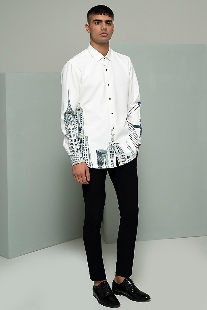 White Blended Suiting Printed Party Wear Shirt by Varun Chakkilam Men at Pernia's Pop Up Shop