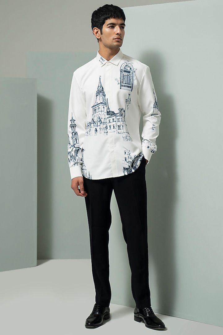 White Blended Suiting Printed Party Wear Shirt by Varun Chakkilam Men at Pernia's Pop Up Shop