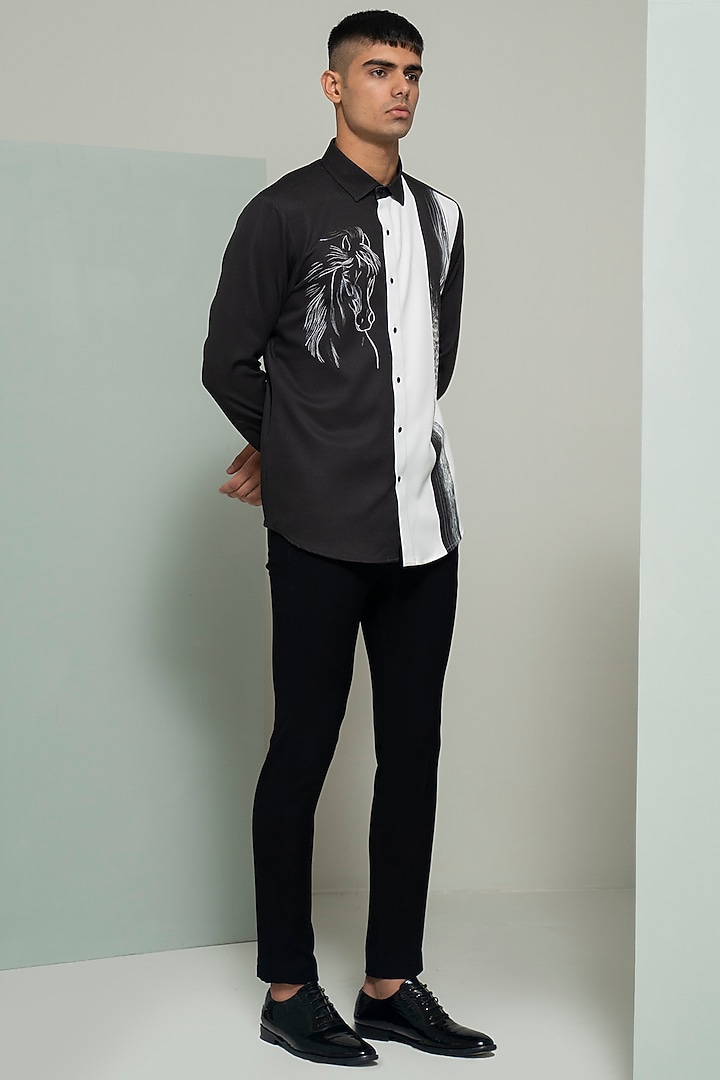 Black Blended Suiting Printed Party Wear Shirt by Varun Chakkilam Men at Pernia's Pop Up Shop