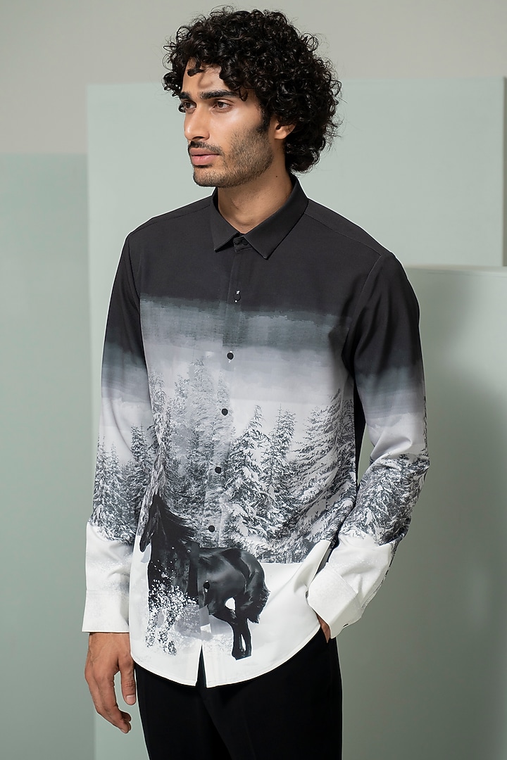 Black & Grey Blended Suiting Printed Party Wear Shirt by Varun Chakkilam Men at Pernia's Pop Up Shop