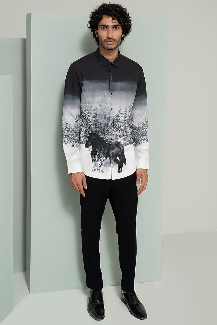 Black & Grey Blended Suiting Printed Party Wear Shirt by Varun Chakkilam Men at Pernia's Pop Up Shop