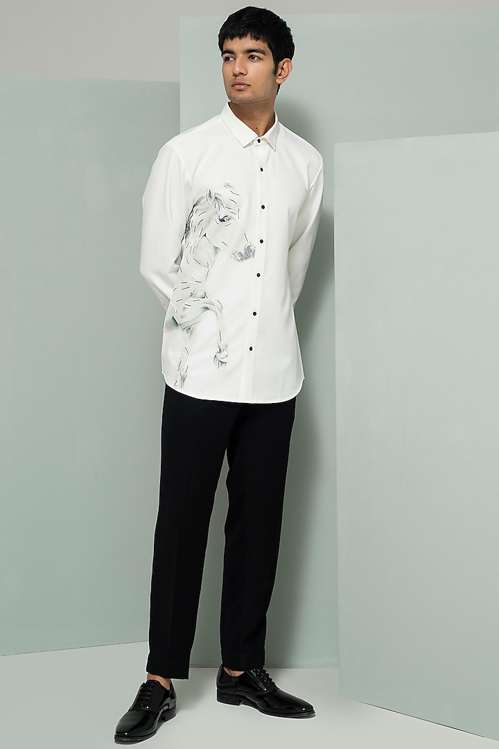White Blended Suiting Printed Party Wear Shirt by Varun Chakkilam Men at Pernia's Pop Up Shop
