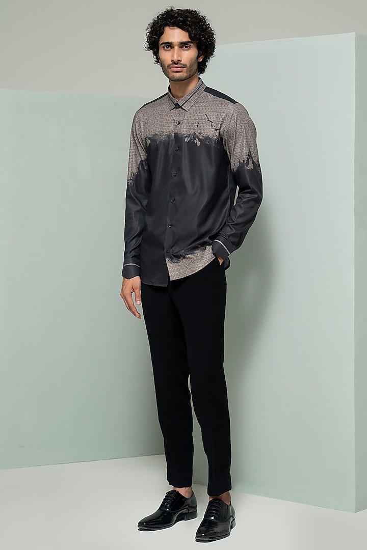 Black Twill Cotton Printed Shirt by Varun Chakkilam Men