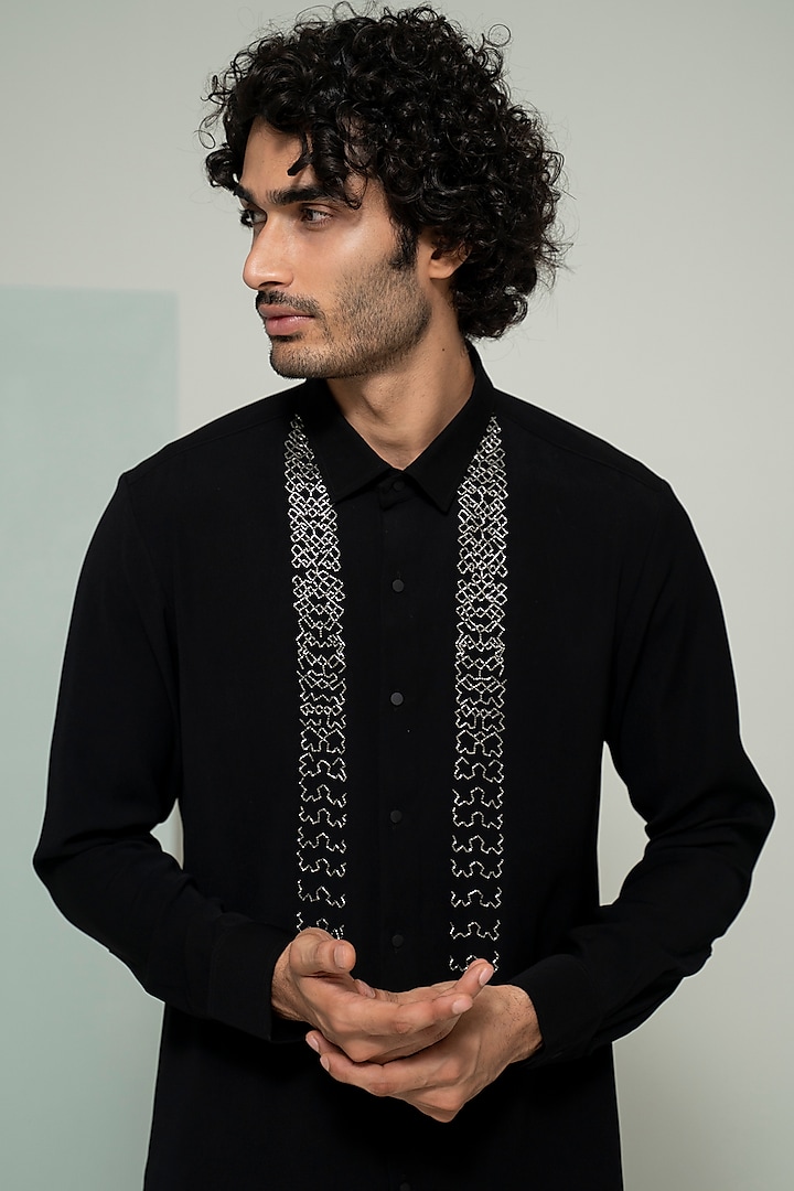 Black Cotton Suiting Embroidered Shirt by Varun Chakkilam Men