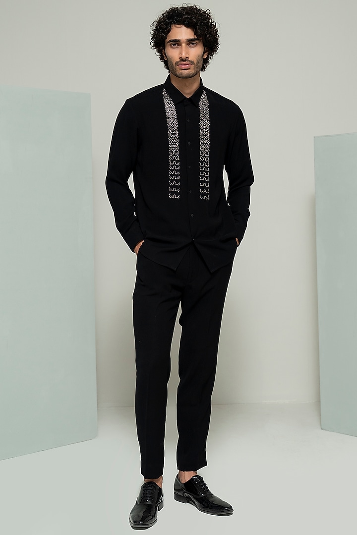 Black Cotton Suiting Embroidered Wedding Shirt by Varun Chakkilam Men at Pernia's Pop Up Shop
