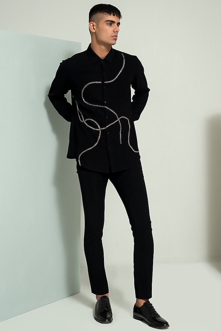 Black Cotton Suiting Embroidered Wedding Shirt by Varun Chakkilam Men at Pernia's Pop Up Shop