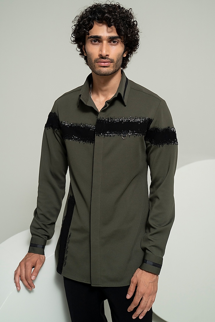 Olive Green Pique Suiting Embroidered Shirt by Varun Chakkilam Men