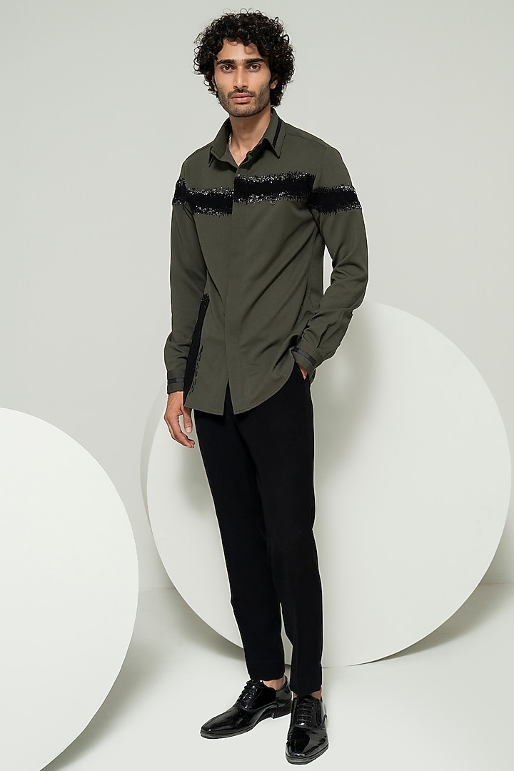Olive Green Pique Suiting Embroidered Wedding Shirt by Varun Chakkilam Men at Pernia's Pop Up Shop
