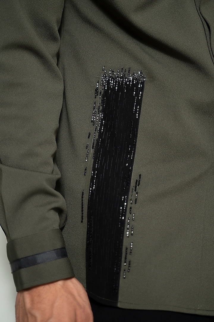Olive Green Pique Suiting Embroidered Wedding Shirt by Varun Chakkilam Men at Pernia's Pop Up Shop