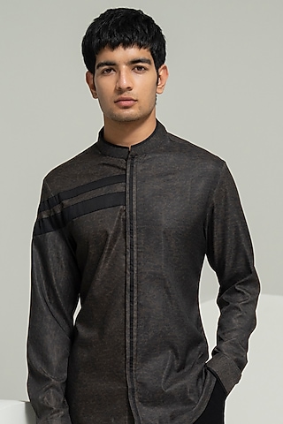 Black Twill Cotton Printed Shirt by Varun Chakkilam Men