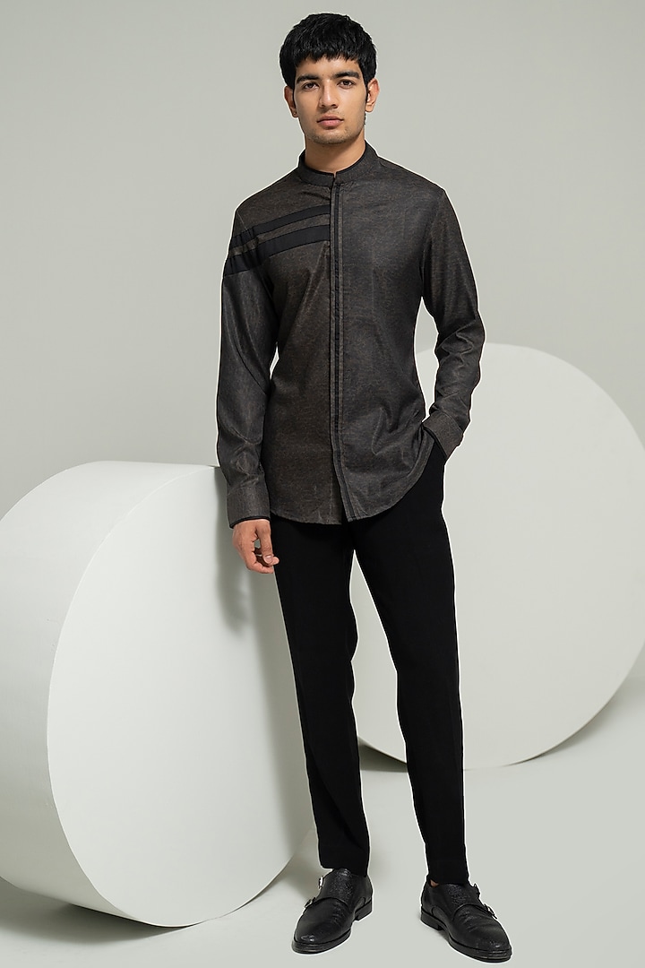 Black Twill Cotton Printed Party Wear Shirt by Varun Chakkilam Men at Pernia's Pop Up Shop