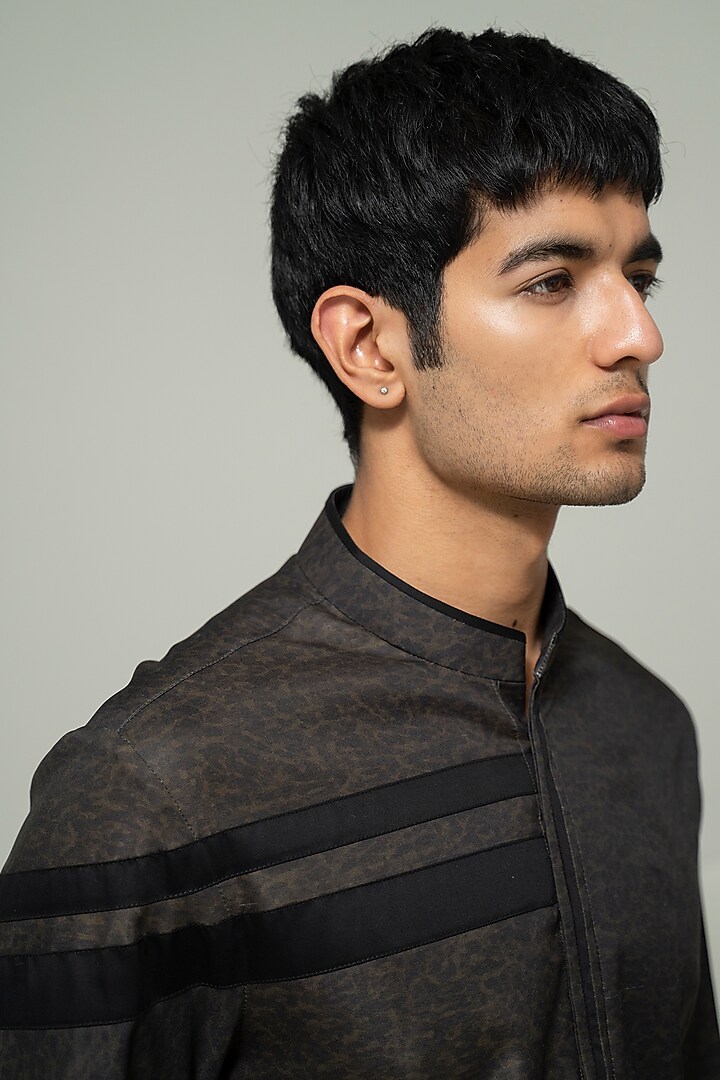 Black Twill Cotton Printed Party Wear Shirt by Varun Chakkilam Men at Pernia's Pop Up Shop