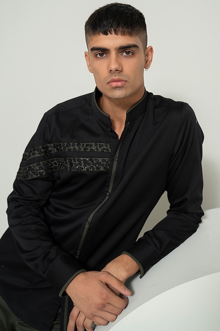 Black Cotton Suiting Embroidered Shirt by Varun Chakkilam Men