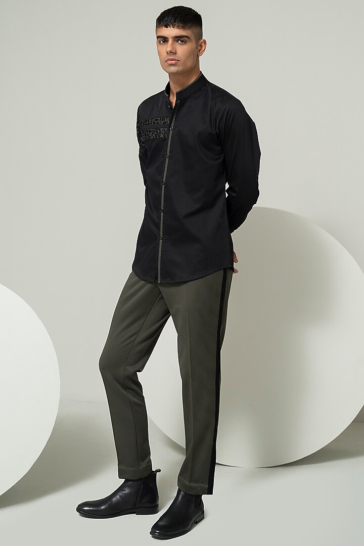 Black Cotton Suiting Embroidered Party Wear Shirt by Varun Chakkilam Men at Pernia's Pop Up Shop