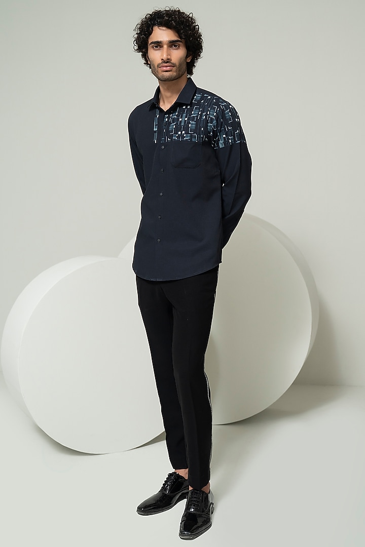 Black Blended Suiting Printed Party Wear Shirt by Varun Chakkilam Men at Pernia's Pop Up Shop