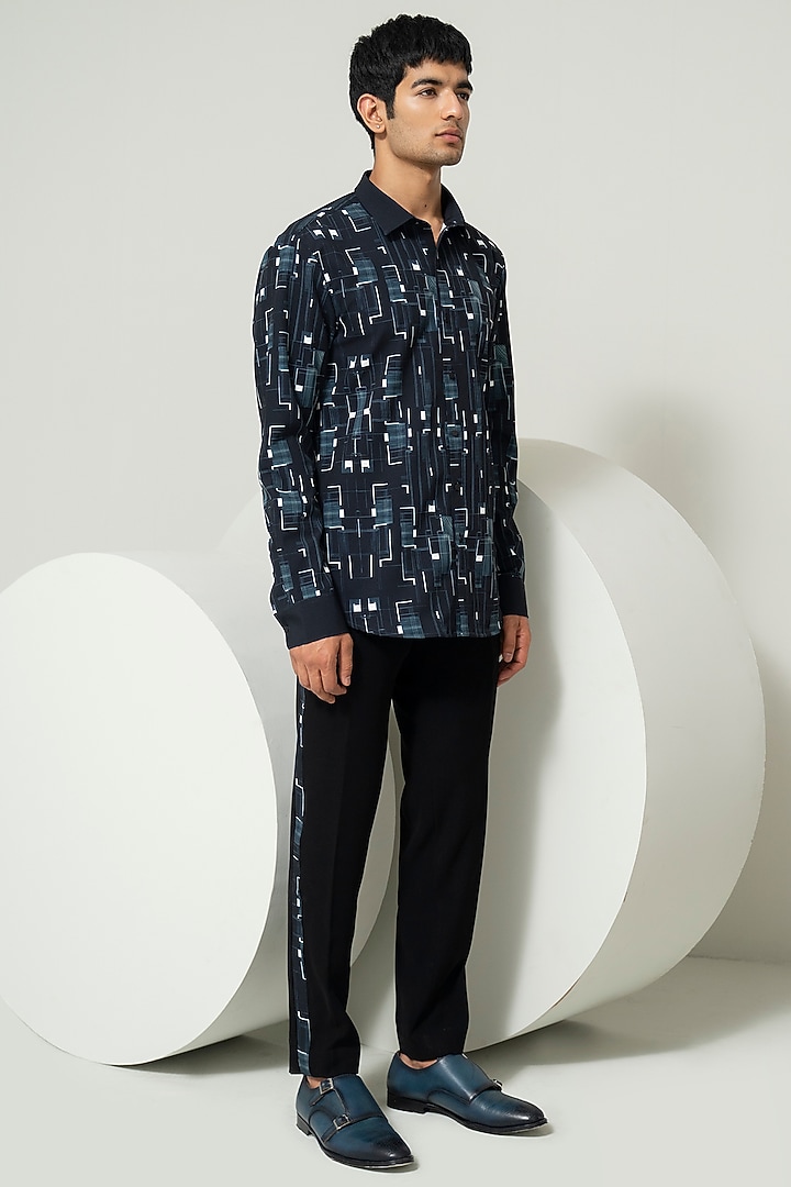 Black Blended Suiting Printed Party Wear Shirt by Varun Chakkilam Men at Pernia's Pop Up Shop