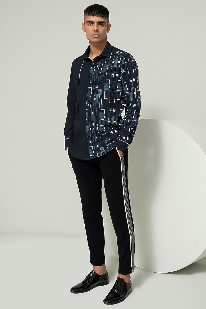 Black Blended Suiting Printed Party Wear Shirt by Varun Chakkilam Men at Pernia's Pop Up Shop