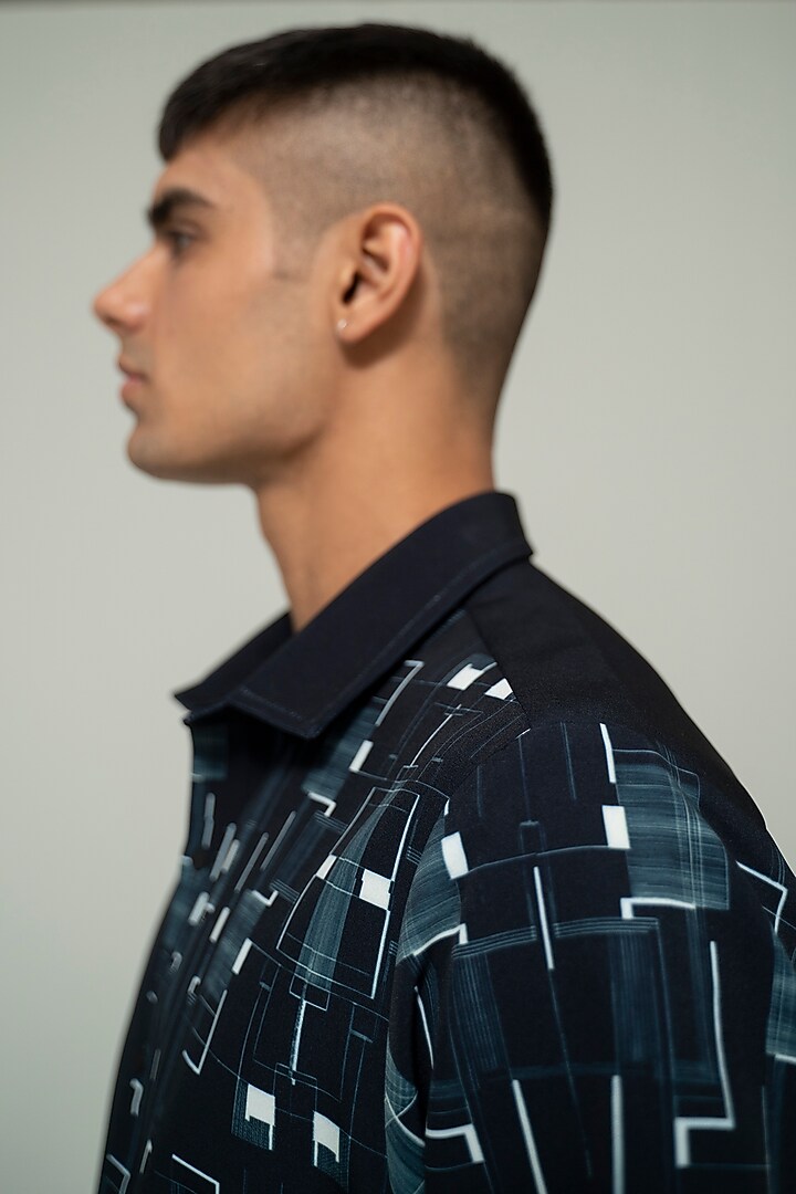 Black Blended Suiting Printed Party Wear Shirt by Varun Chakkilam Men at Pernia's Pop Up Shop