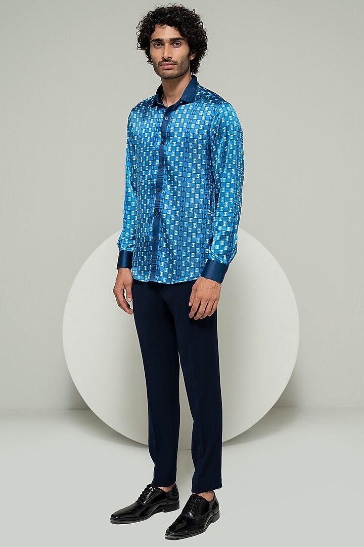 Blue Poly Satin Printed Party Wear Shirt by Varun Chakkilam Men at Pernia's Pop Up Shop