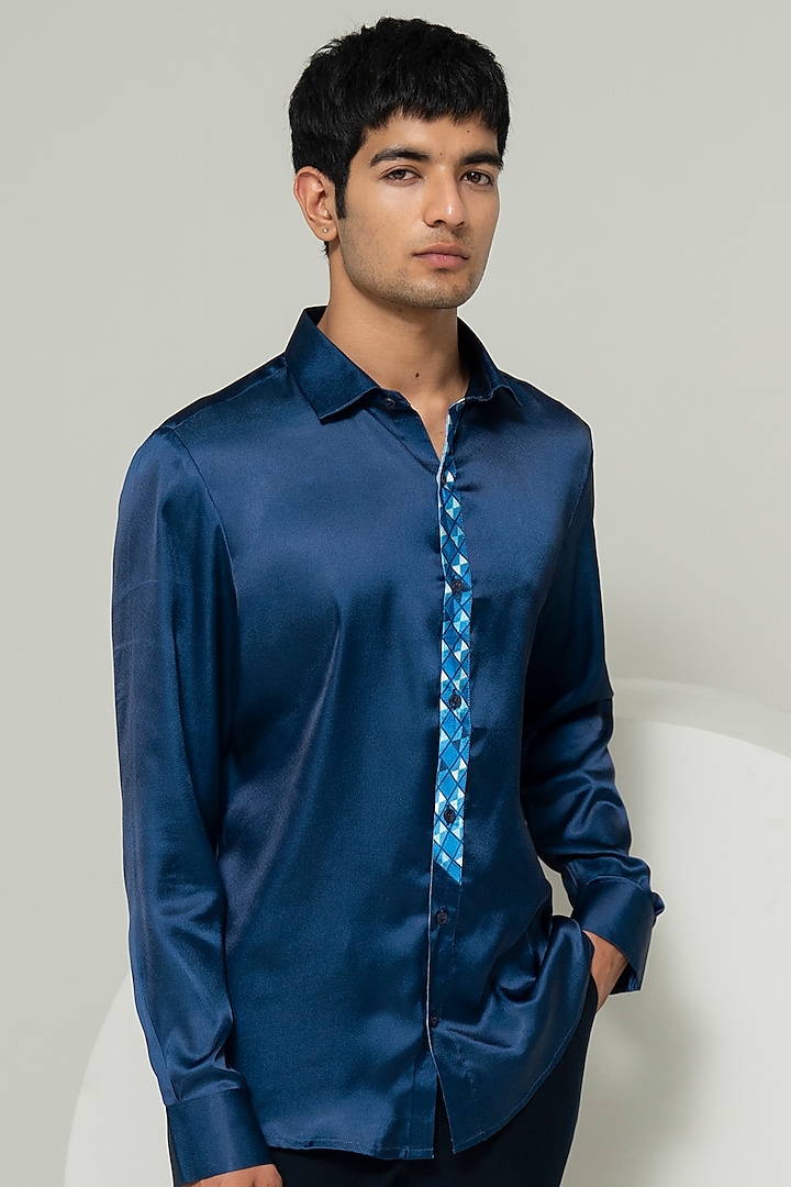Blue Poly Satin Printed Shirt by Varun Chakkilam Men