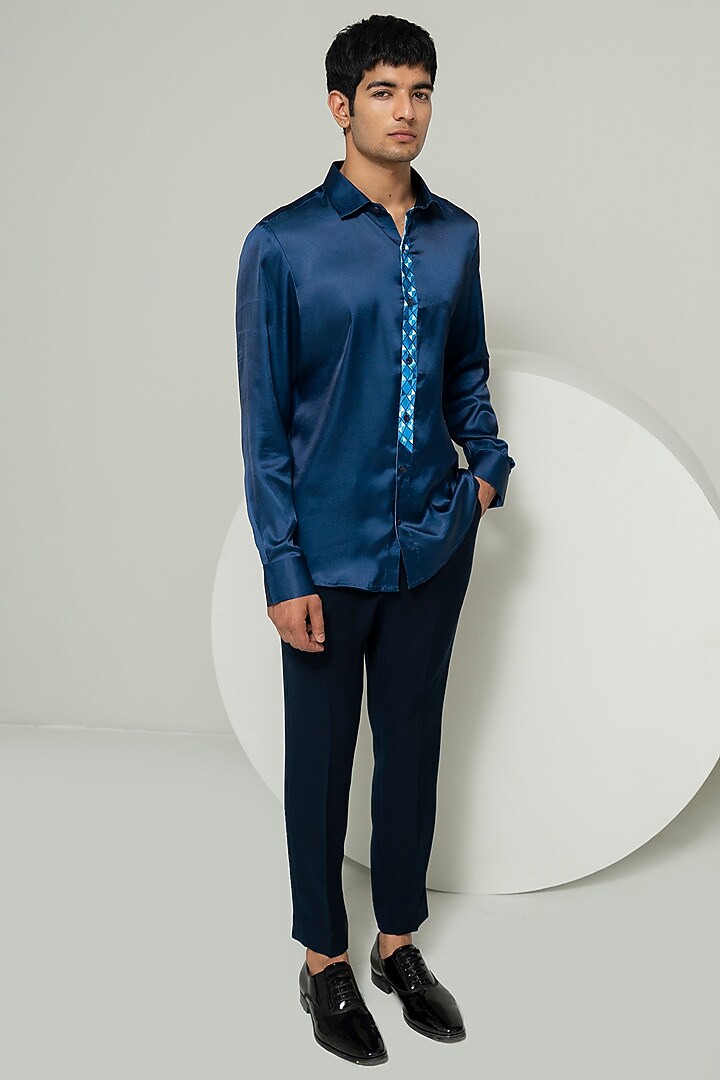 Blue Poly Satin Printed Party Wear Shirt by Varun Chakkilam Men at Pernia's Pop Up Shop