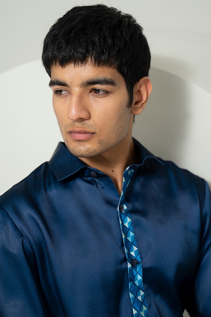 Blue Poly Satin Printed Party Wear Shirt by Varun Chakkilam Men at Pernia's Pop Up Shop