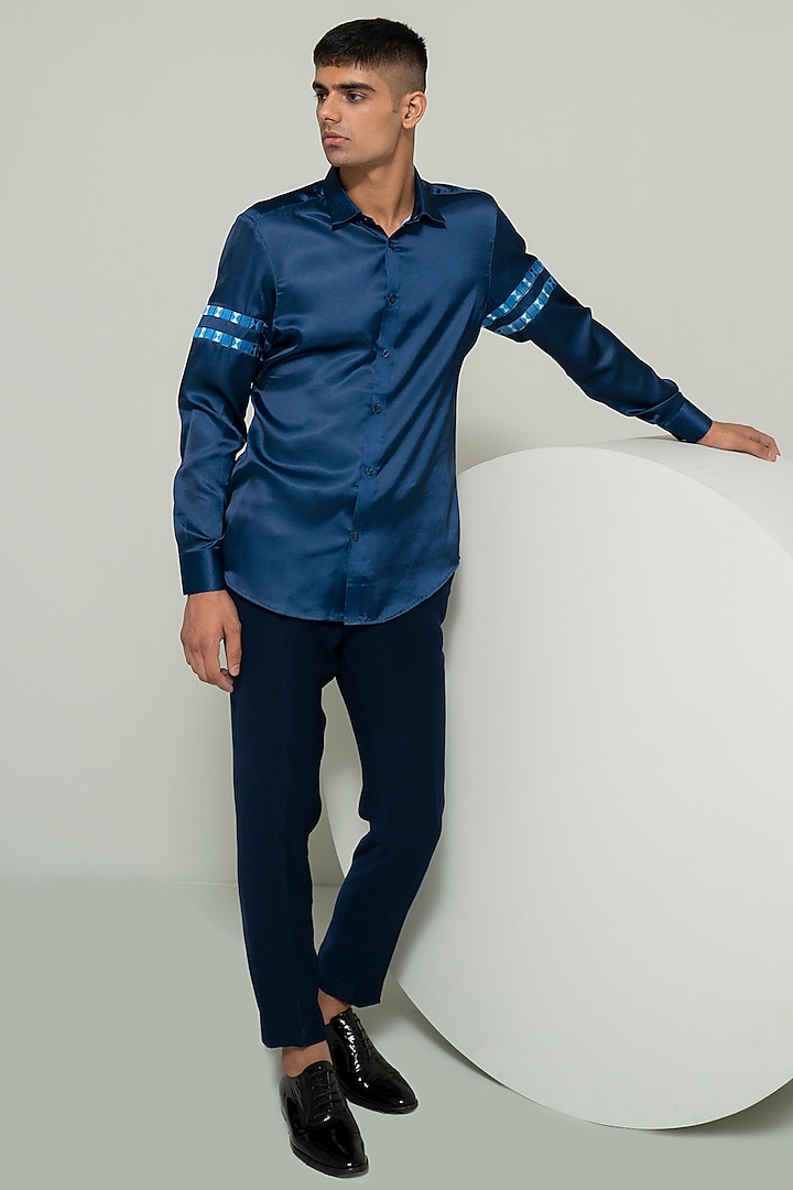 Blue Poly Satin Printed Shirt by Varun Chakkilam Men