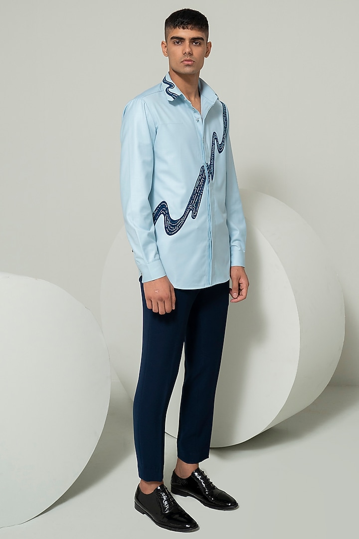Sky Blue Twill Cotton Appliqued Party Wear Shirt by Varun Chakkilam Men at Pernia's Pop Up Shop