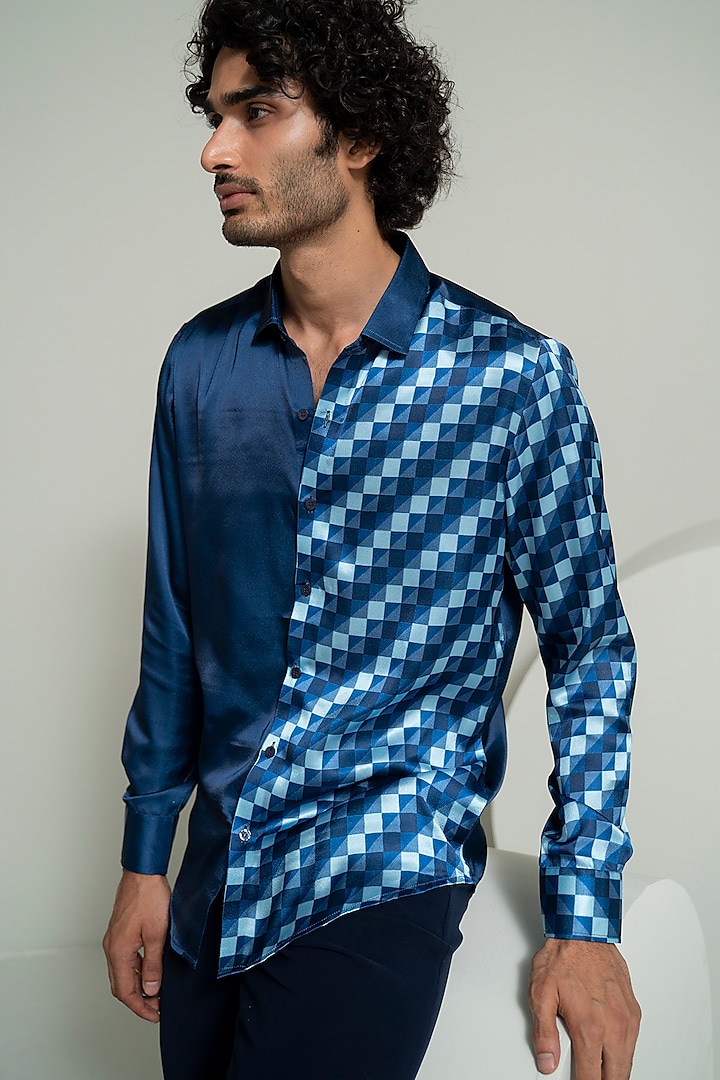 Blue Poly Satin Blocked Shirt by Varun Chakkilam Men
