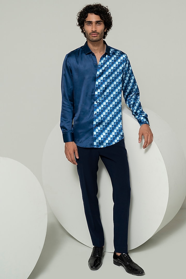 Blue Poly Satin Blocked Party Wear Shirt by Varun Chakkilam Men at Pernia's Pop Up Shop