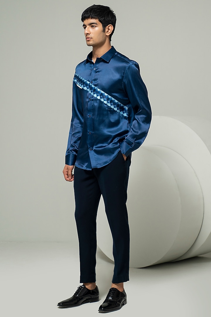 Blue Poly Satin Blocked Party Wear Shirt by Varun Chakkilam Men at Pernia's Pop Up Shop