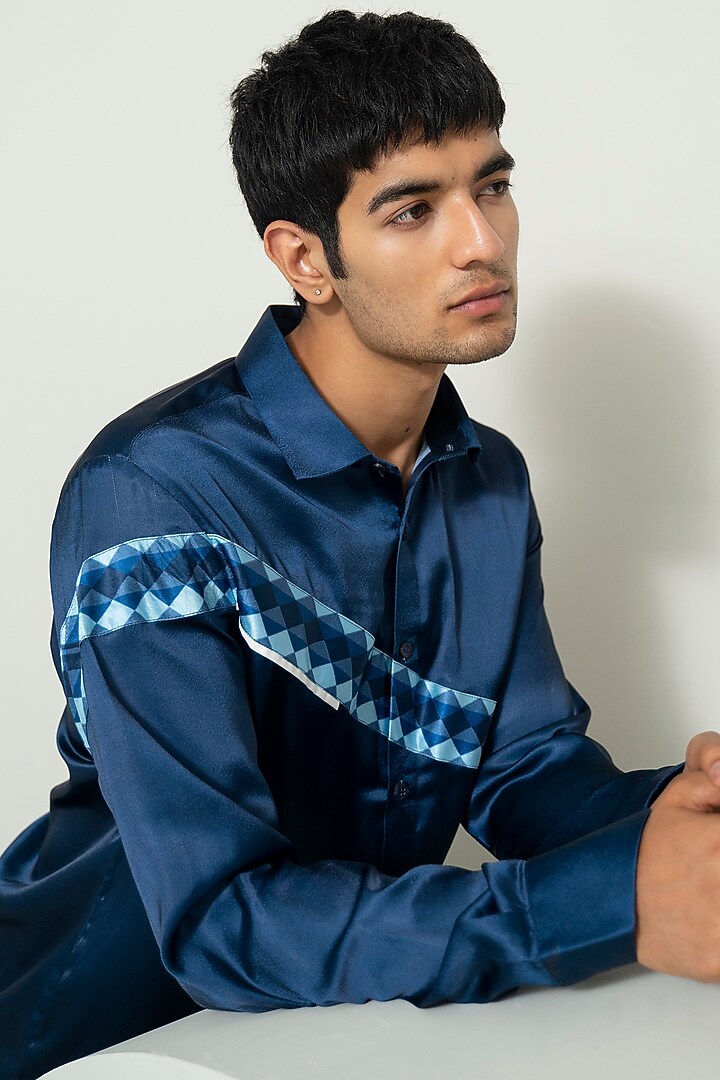 Blue Poly Satin Blocked Party Wear Shirt by Varun Chakkilam Men at Pernia's Pop Up Shop