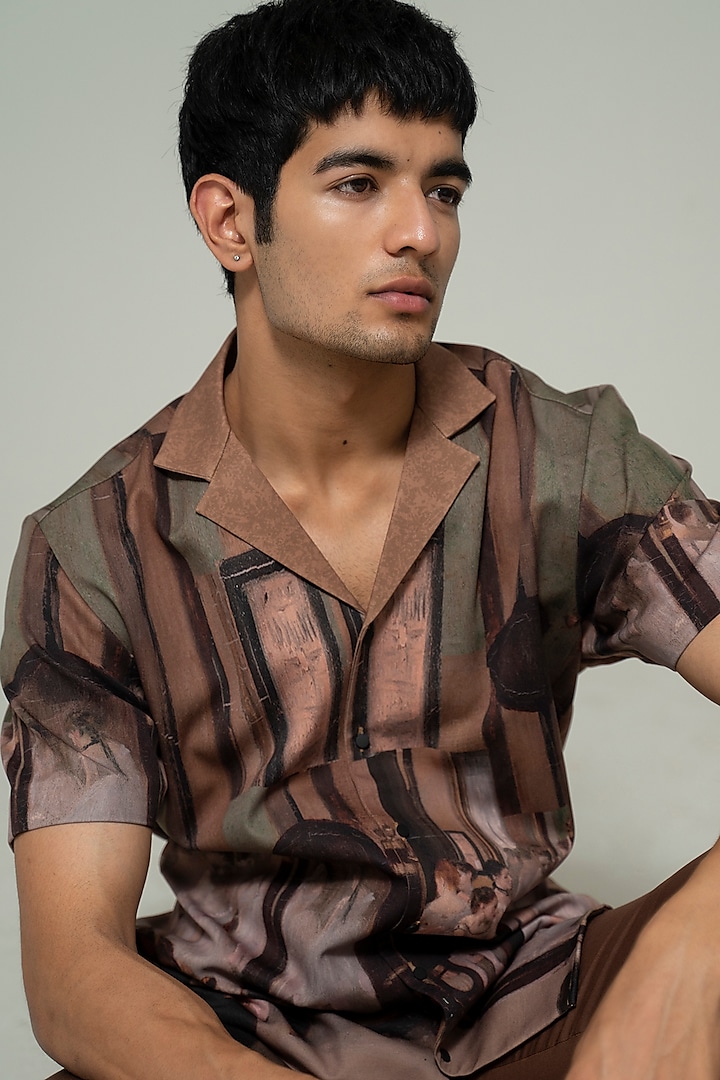 Brown Blended Crepe Printed Shirt by Varun Chakkilam Men