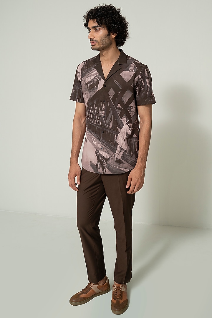 Brown Blended Crepe Printed Party Wear Shirt by Varun Chakkilam Men at Pernia's Pop Up Shop