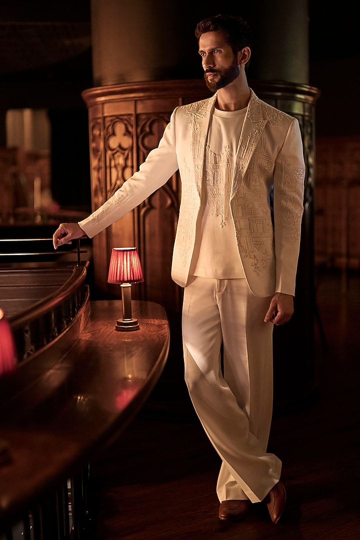 Ivory Japanese Polyester Embroidered Open Jacket Set by Varun Chakkilam Men at Pernia's Pop Up Shop