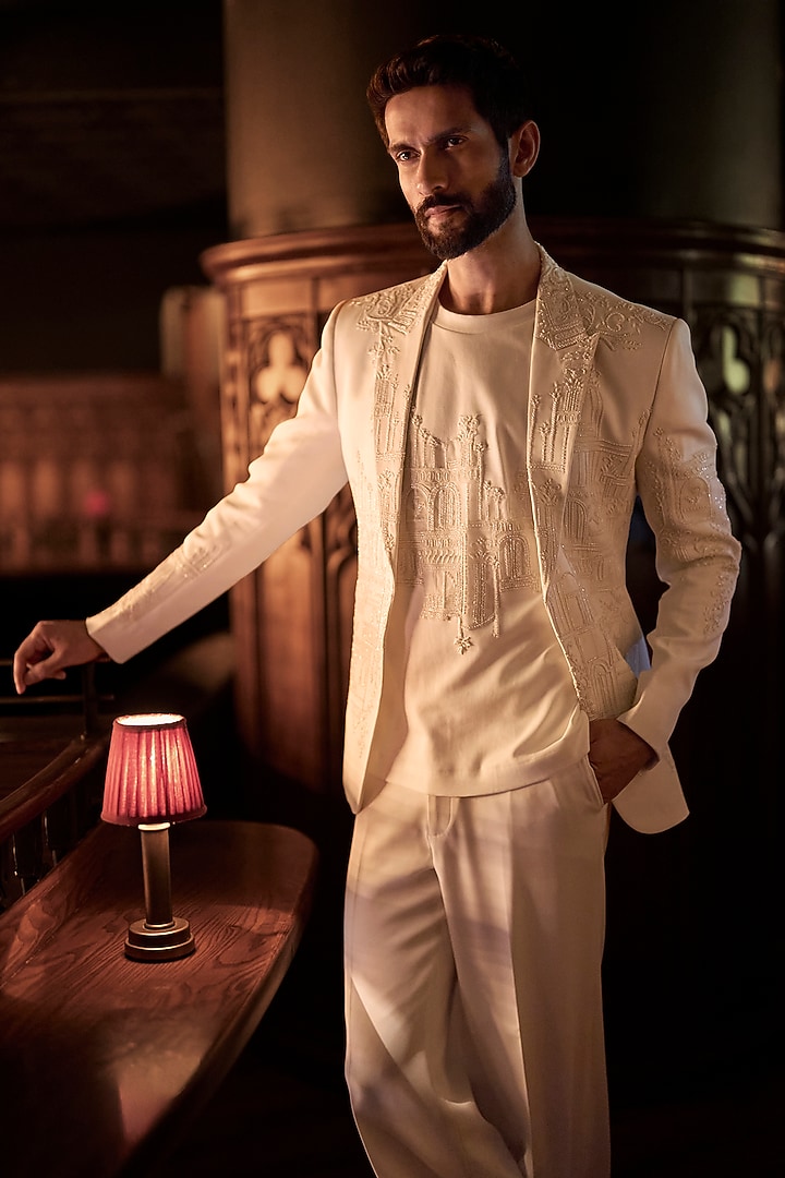 Ivory Japanese Polyester Embroidered Open Jacket Set by Varun Chakkilam Men at Pernia's Pop Up Shop