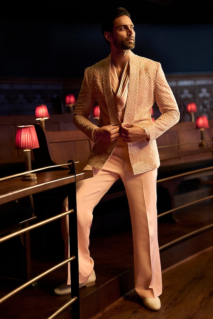 Pink Italian Crepe & Organza Embroidered Jacket Set by Varun Chakkilam Men at Pernia's Pop Up Shop