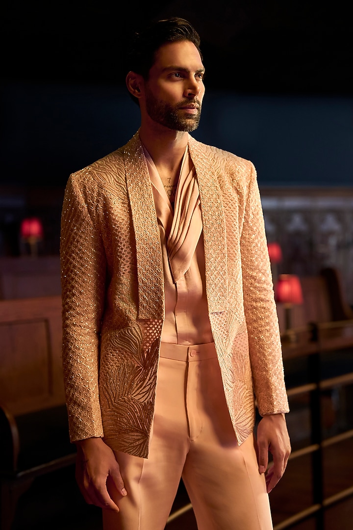 Pink Italian Crepe & Organza Embroidered Jacket Set by Varun Chakkilam Men at Pernia's Pop Up Shop